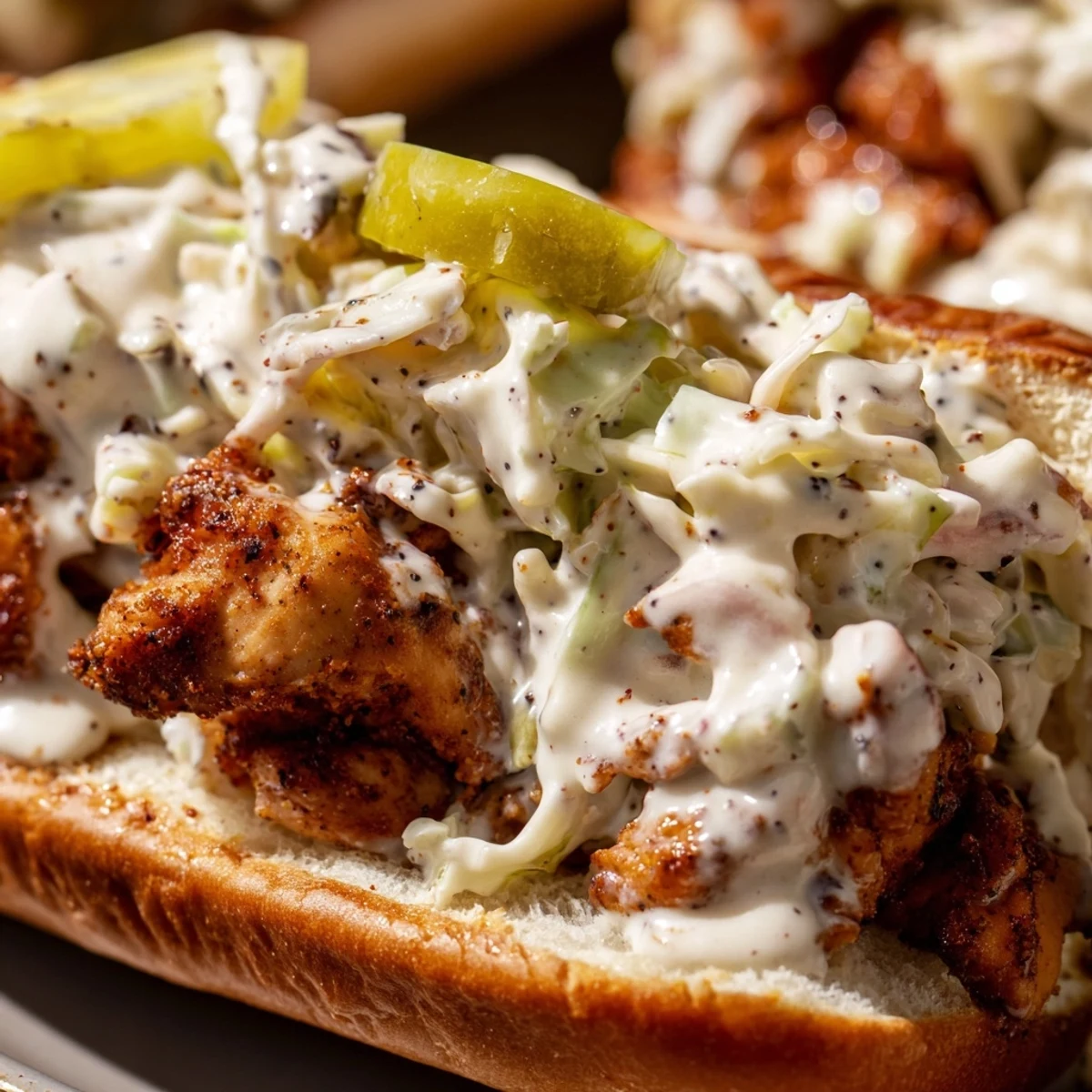 Heaps of chopped grilled chicken coated in creamy Alabama white BBQ sauce served on soft bakery buns