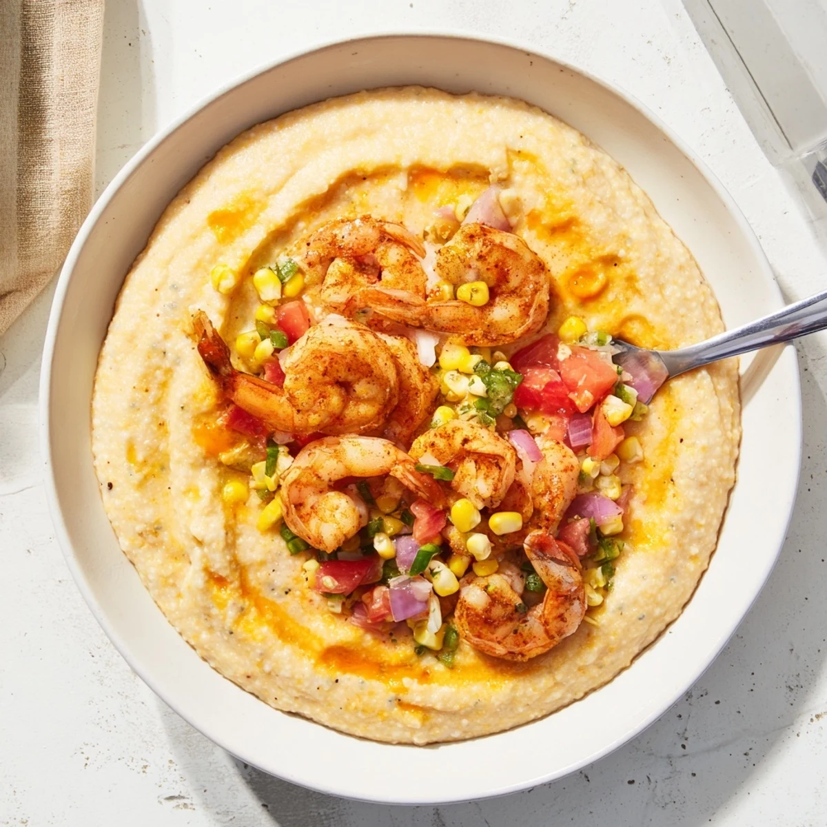 Golden bowl of creamy shrimp grits topped with fresh corn salsa and herbs