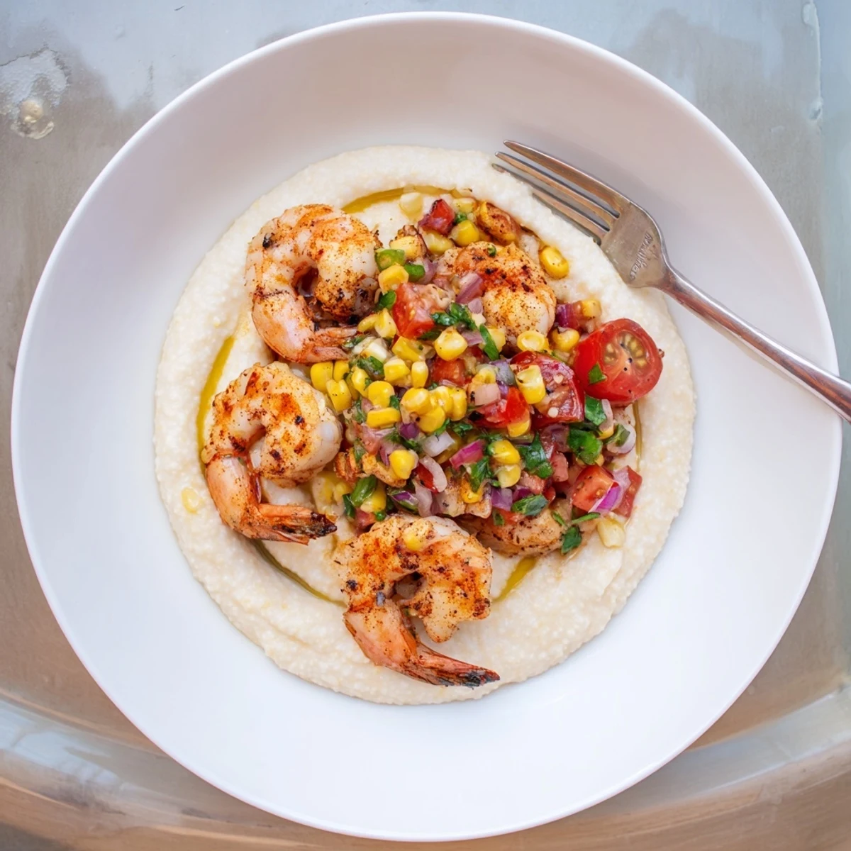 Plated shrimp and grits featuring zesty corn salsa garnish with cilantro