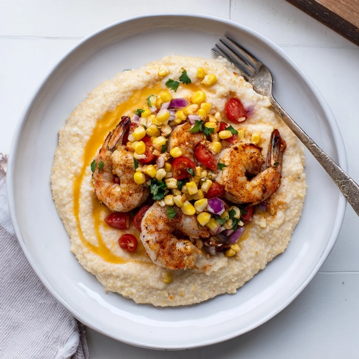 Savory Southern shrimp grits with spicy corn salsa served in white ceramic bowl