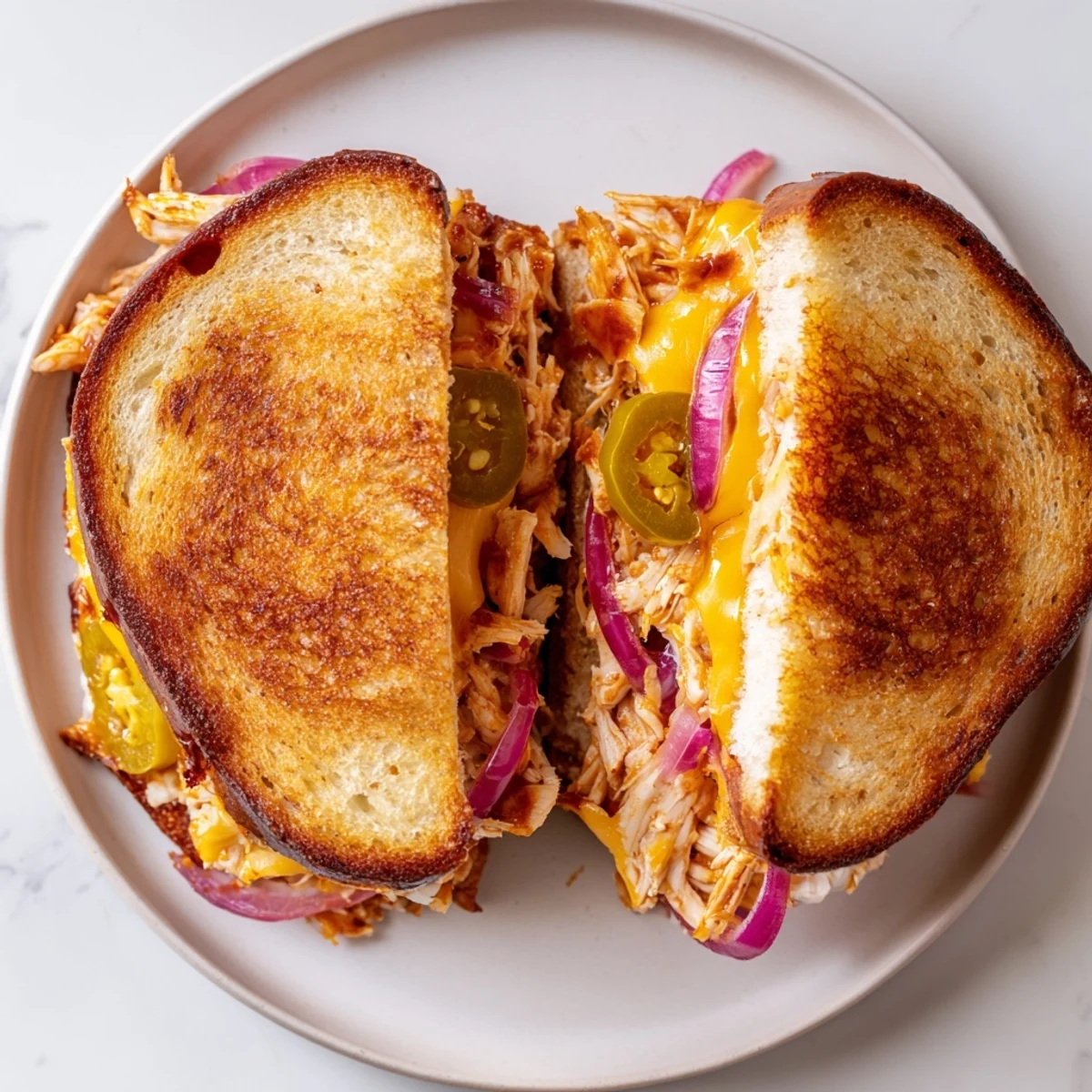 Golden BBQ chicken grilled cheese sandwich with melted cheddar and sourdough bread