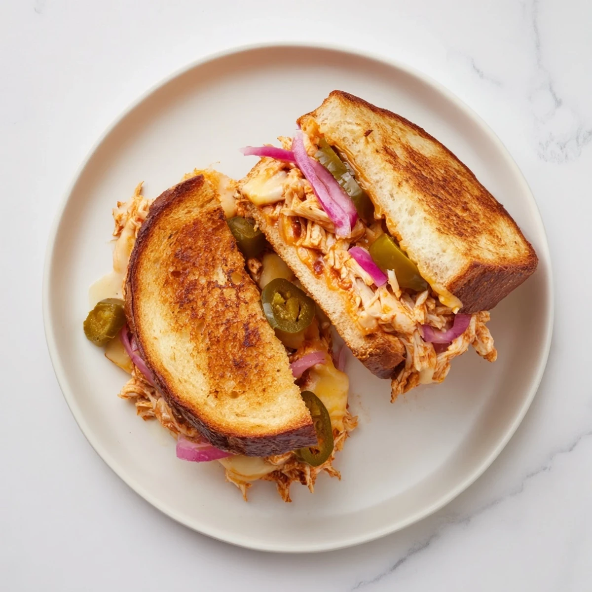 Crispy sourdough BBQ chicken grilled cheese with melted cheese and red onion