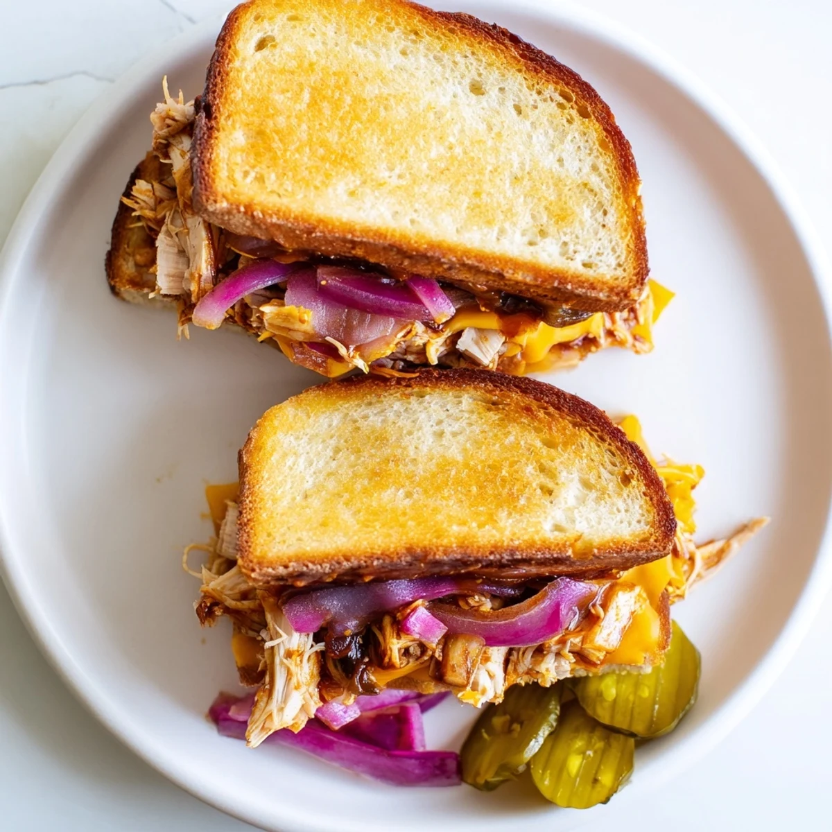 Sliced grilled cheese sandwich revealing BBQ chicken and gooey cheese layers