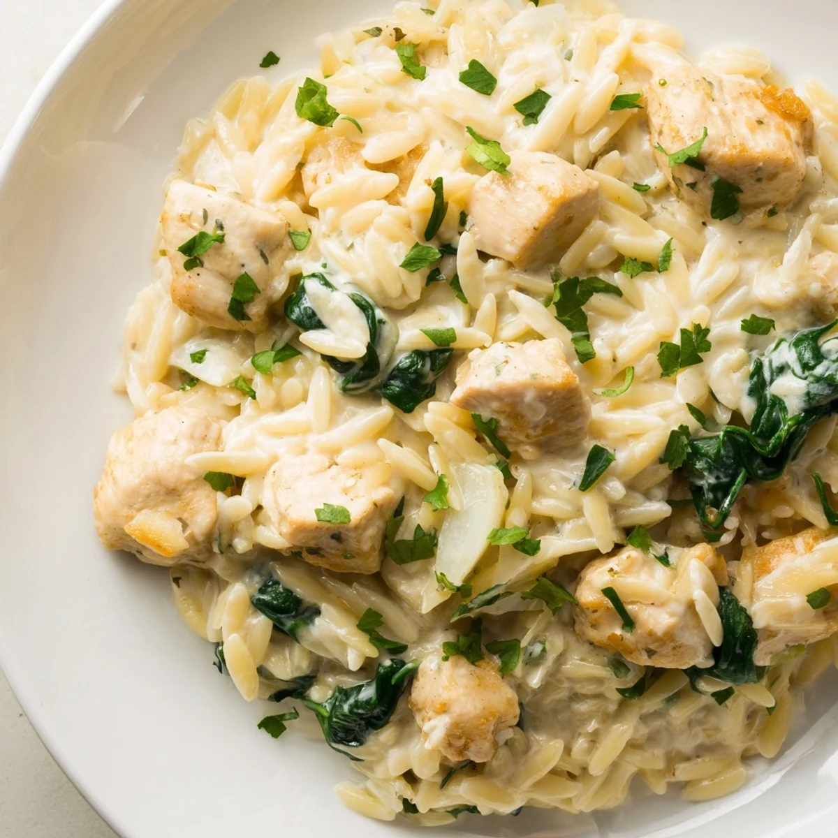 Creamy one pan Boursin chicken orzo dish showing wilted spinach garnish with golden brown chicken chunks throughout