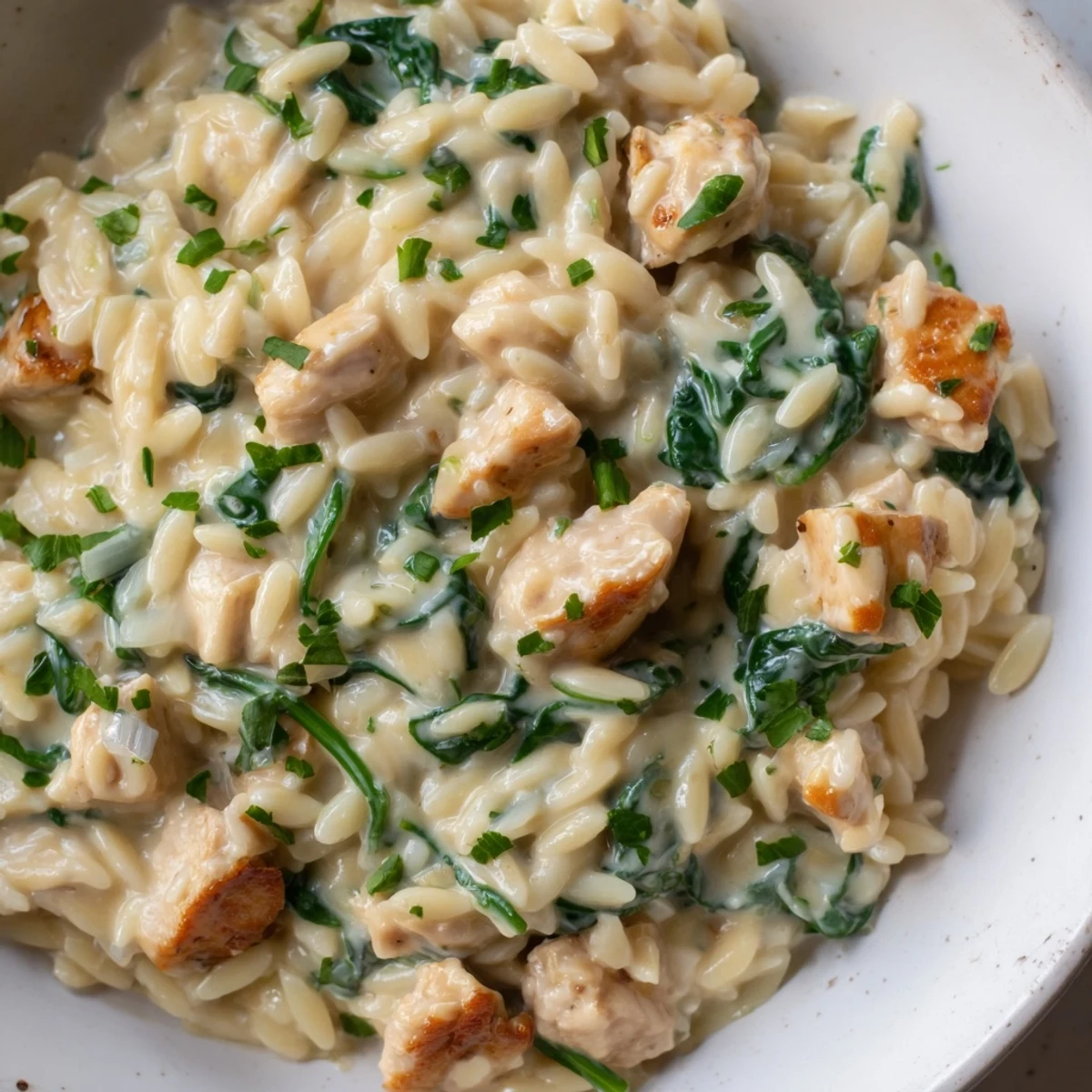 Savory one pan Boursin chicken orzo plated with fresh parsley sprinkle over rich herbed cheese and spinach swirl