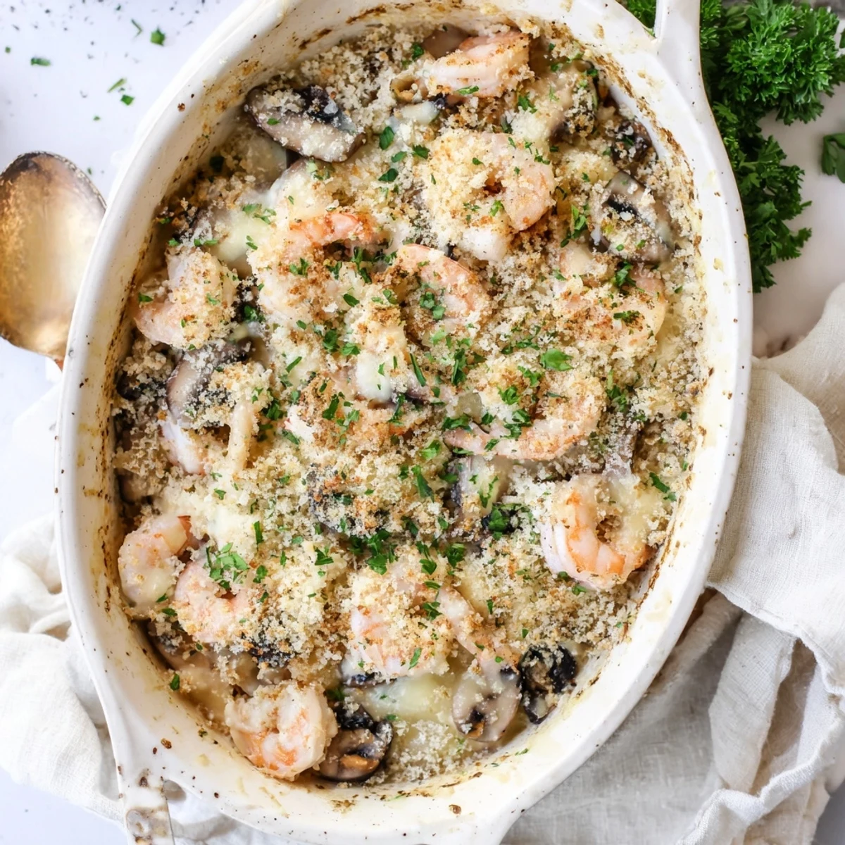 Golden baked shrimp mushroom casserole with crispy panko topping and bubbling cream sauce