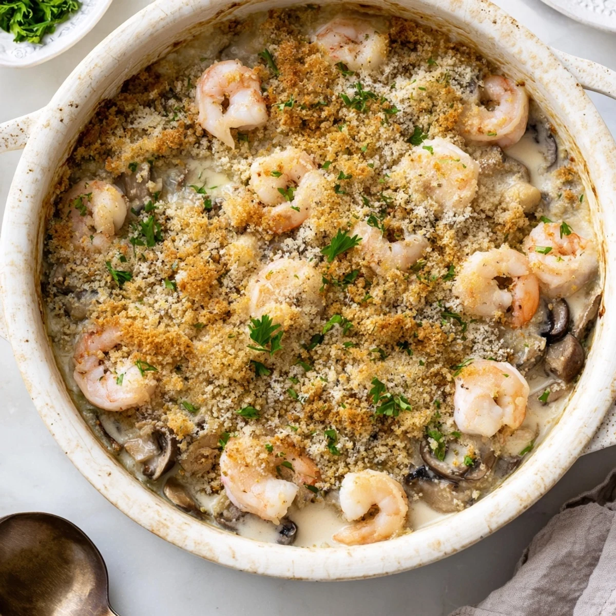 Creamy shrimp mushroom casserole fresh from the oven with melted mozzarella and golden buttered crumbs