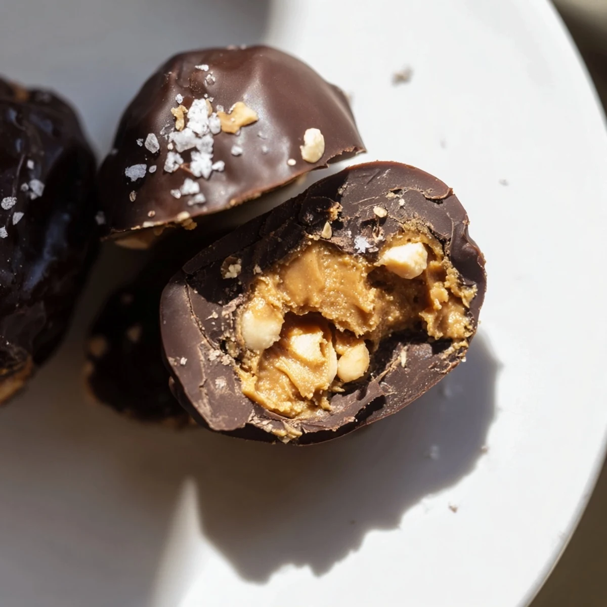 Homemade Date Snickers featuring chocolate-coated Medjool dates stuffed with creamy peanut butter and crunchy roasted peanuts
