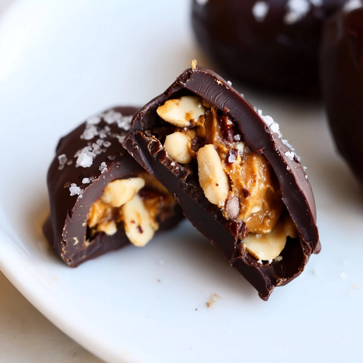 Vegan Date Snickers arranged on parchment paper, showing glossy dark chocolate coating with flaky sea salt garnish