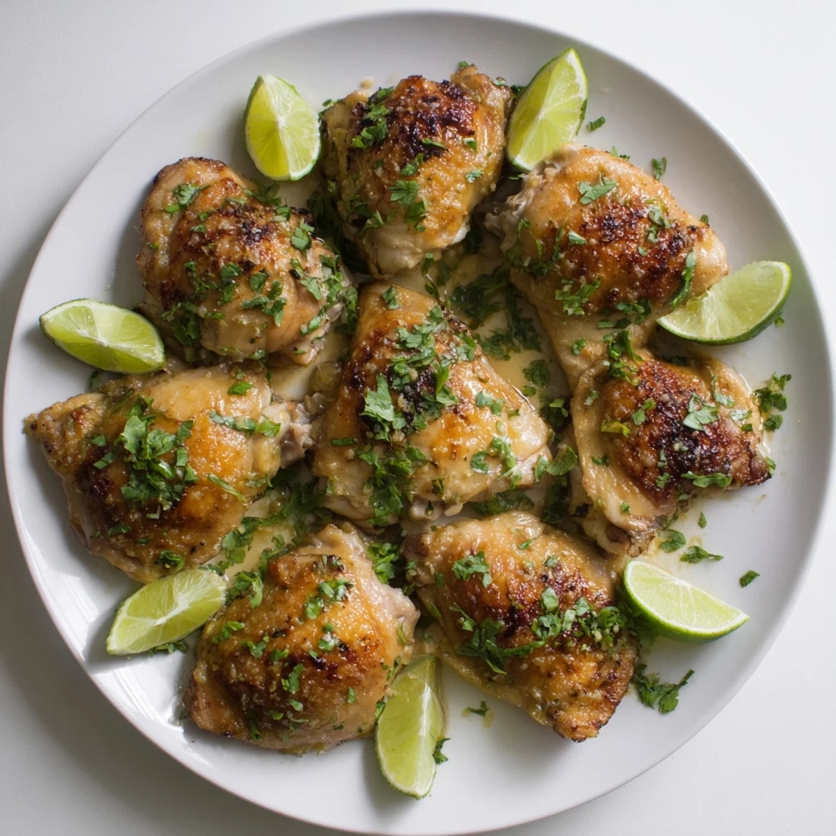 Golden Cuban Mojo Chicken Thighs roasted to crispy perfection with vibrant citrus marinade