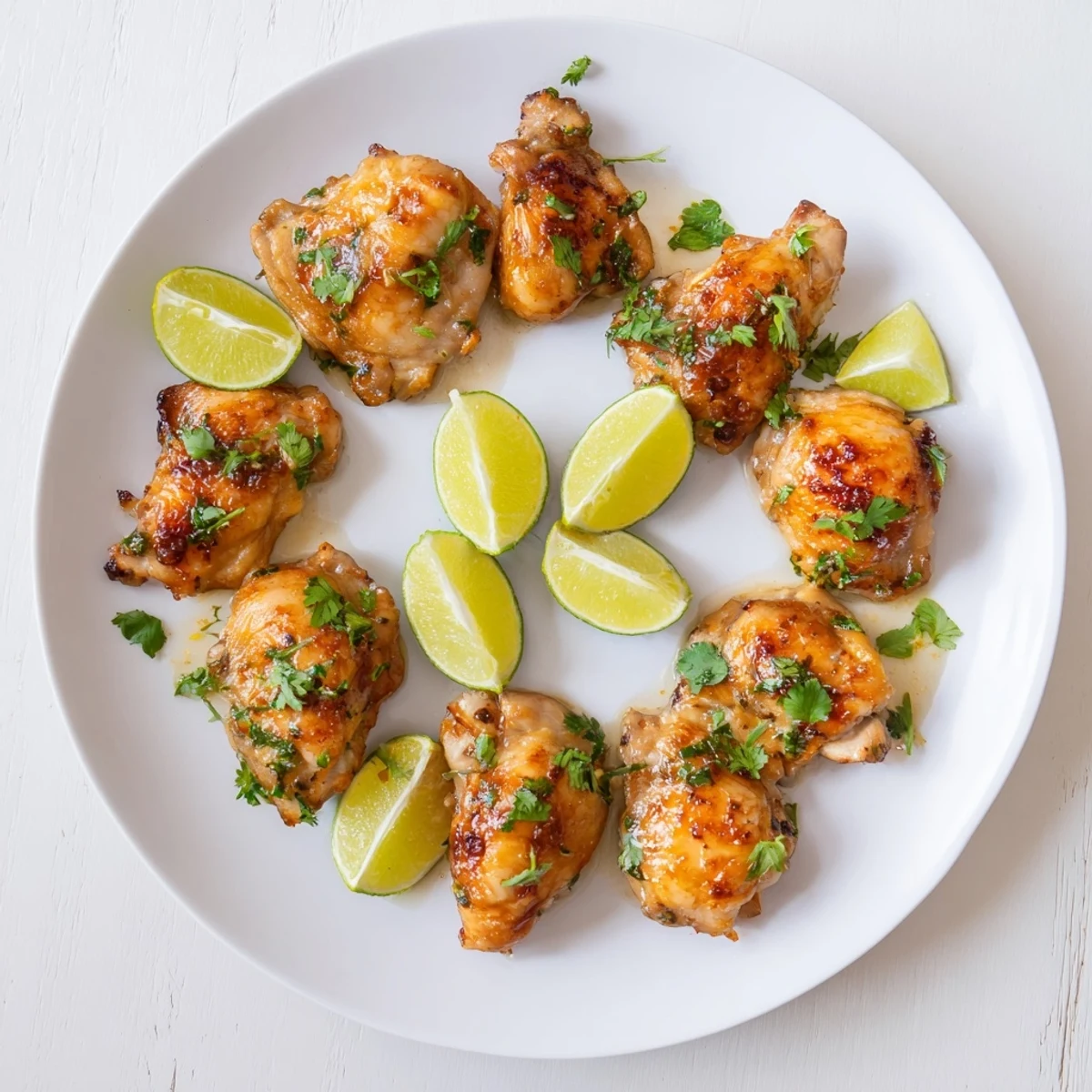 Crispy skin-on Cuban Mojo Chicken Thighs garnished with fresh cilantro and lime wedges