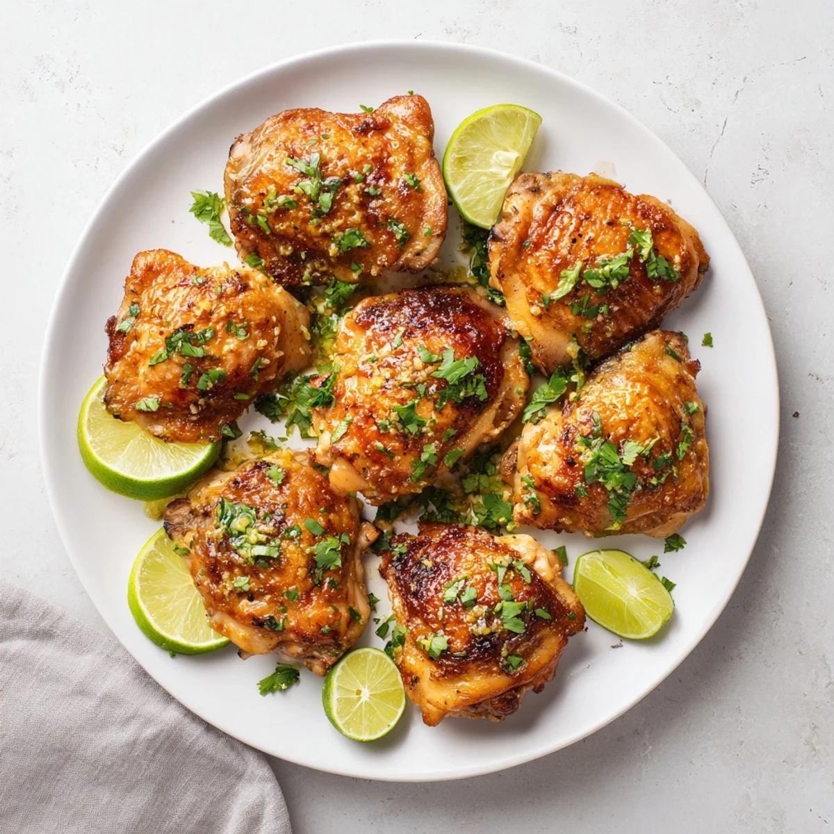 Juicy baked chicken thighs glistening with tangy garlic and orange lime mojo sauce
