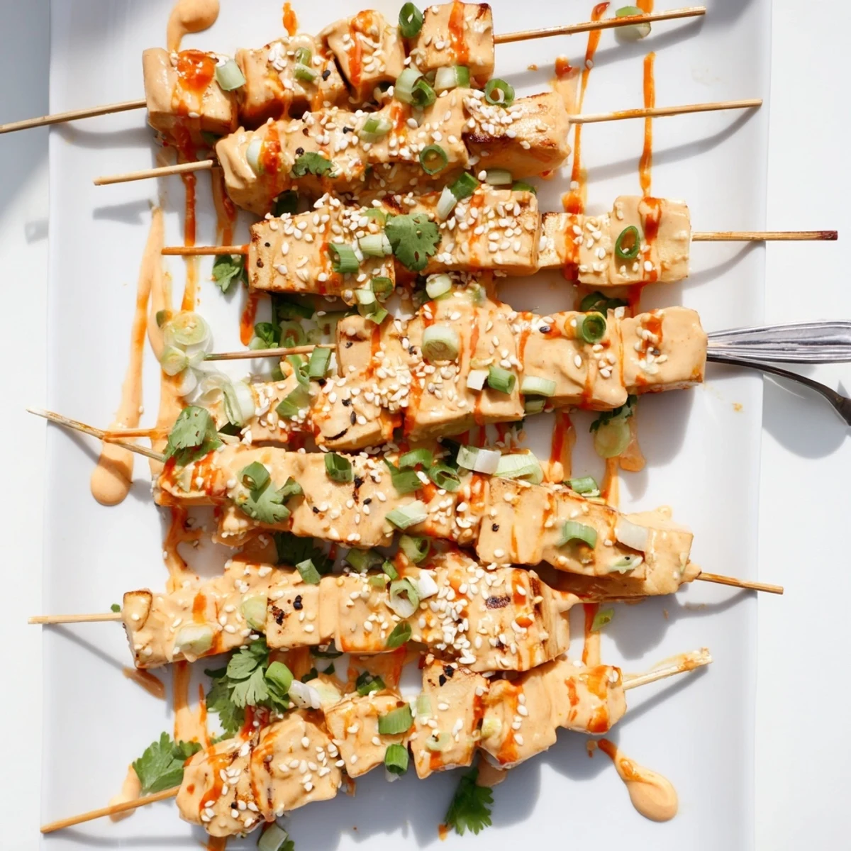 Golden grilled Bang Bang Chicken Skewers drizzled with creamy spicy sauce and sesame seeds