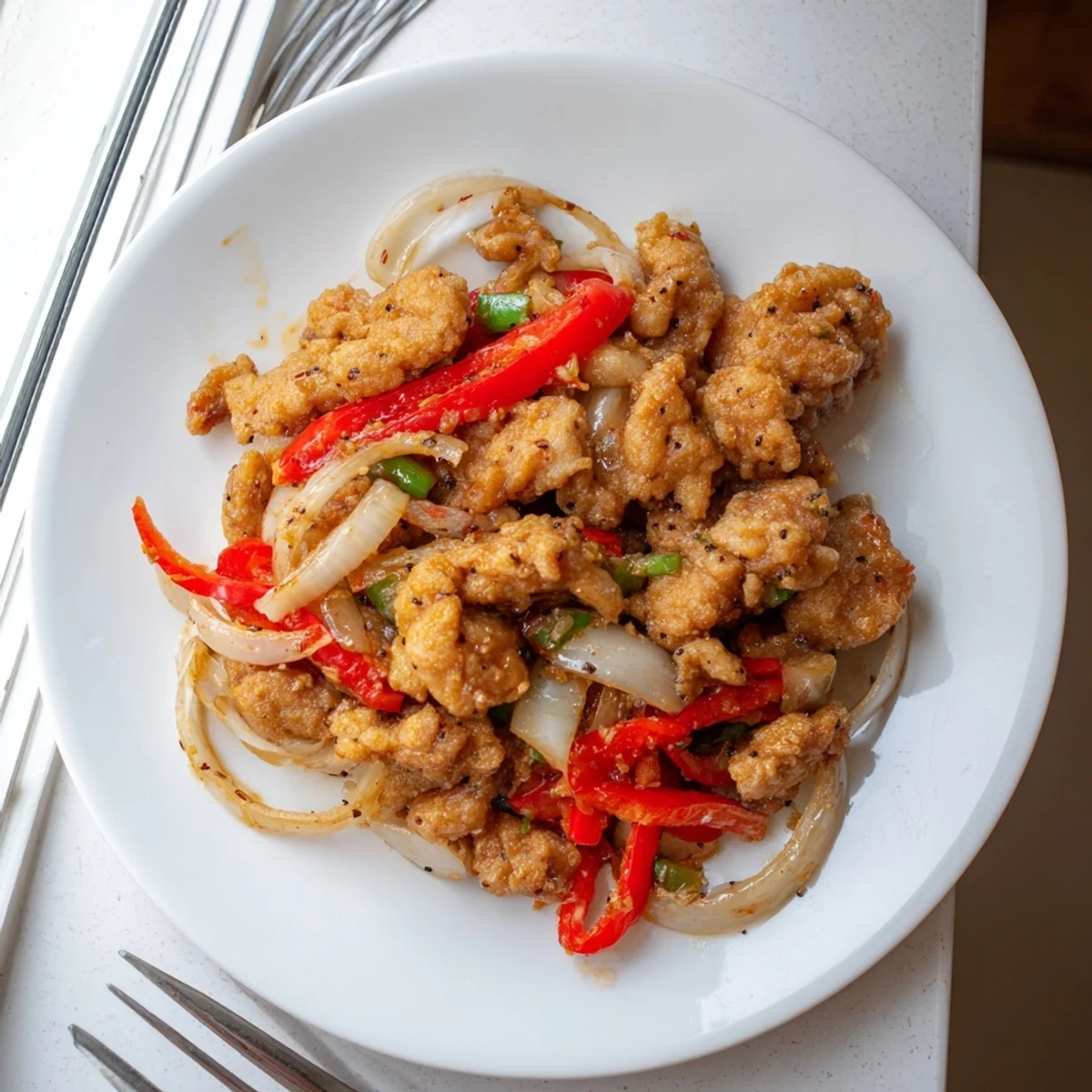 Golden crispy pepper chicken pieces tossed with colorful bell peppers and black pepper sauce