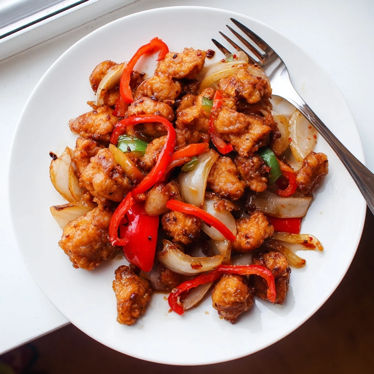Juicy fried chicken coated in aromatic cracked black pepper sauce with sautéed vegetables