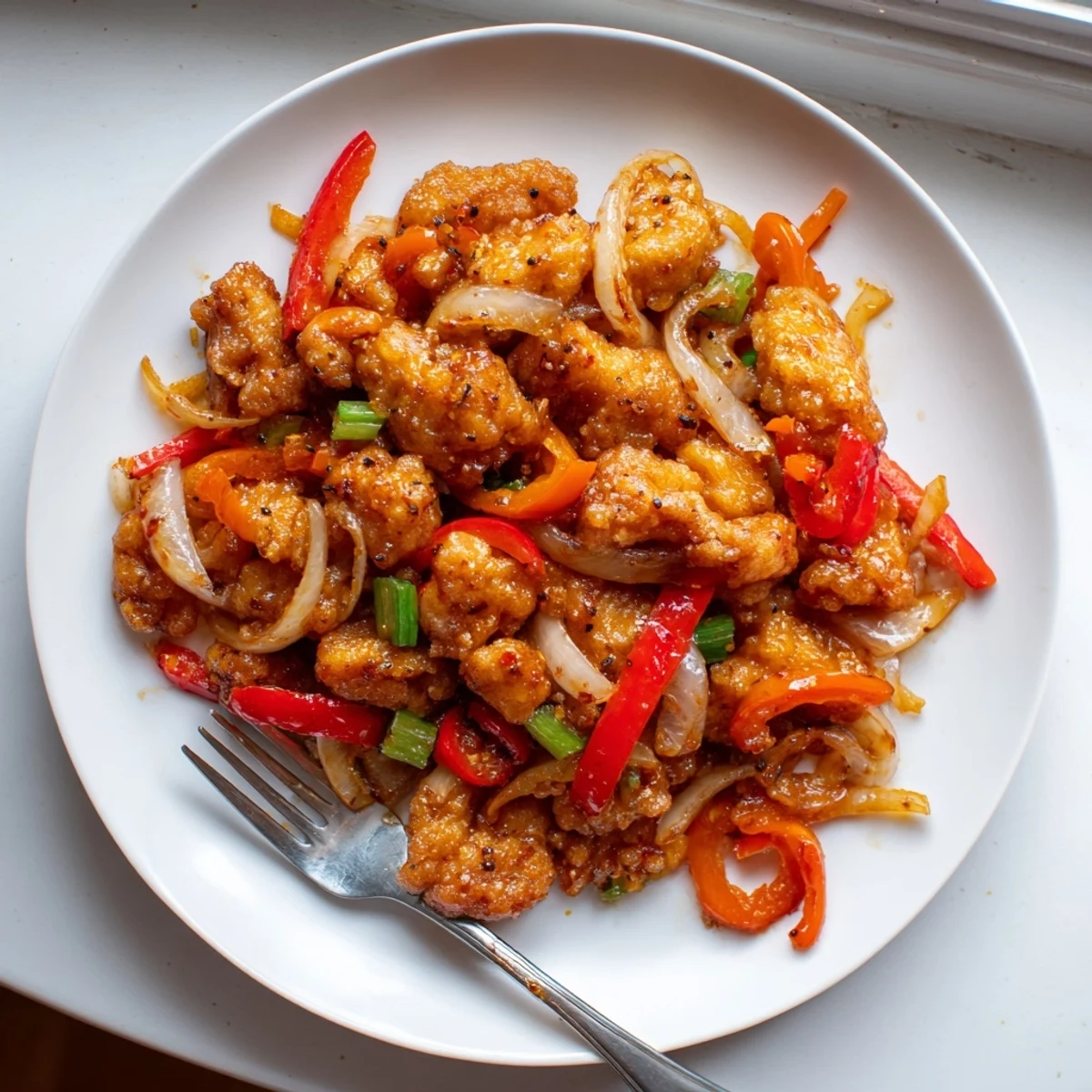 Crispy pepper chicken wok-tossed with onions and red peppers in savory glaze