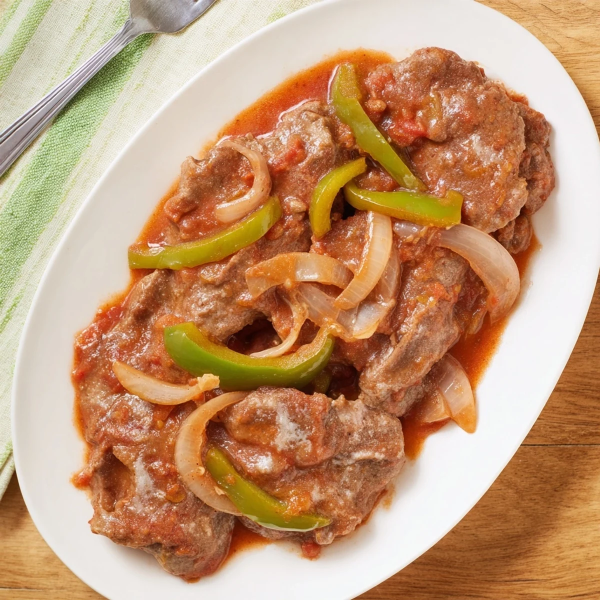 Golden brown old fashioned Swiss steak with beef simmering in rich tomato sauce