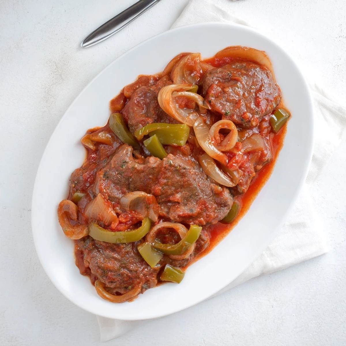 Tender old fashioned Swiss steak with beef plated over fluffy mashed potatoes