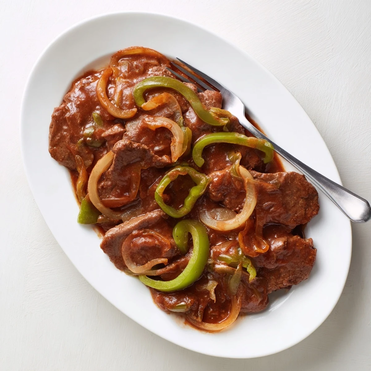 Hearty old fashioned Swiss steak with beef surrounded by bell peppers and onions