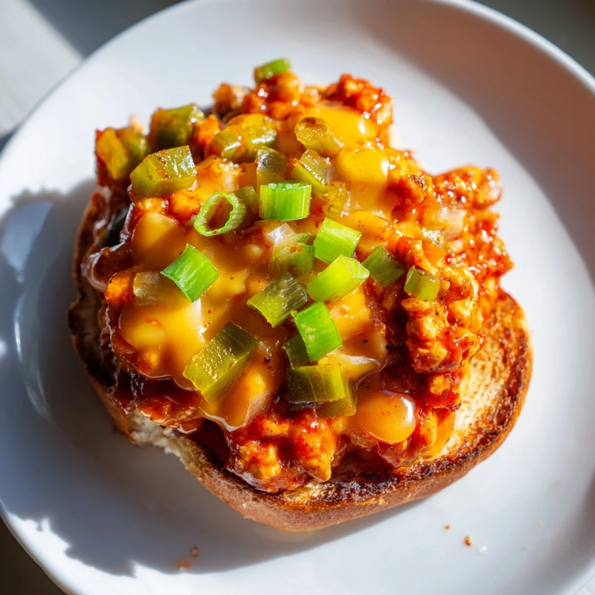 Spicy Cajun chicken sloppy joes smothered in rich cheddar cheese sauce on toasted brioche buns