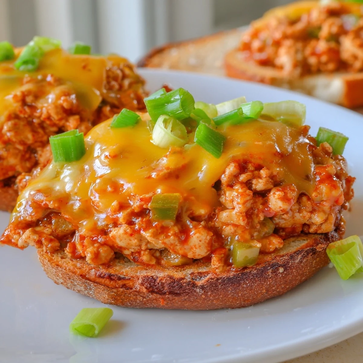 Cajun-seasoned ground chicken piled onto soft hamburger buns topped with creamy homemade cheese sauce