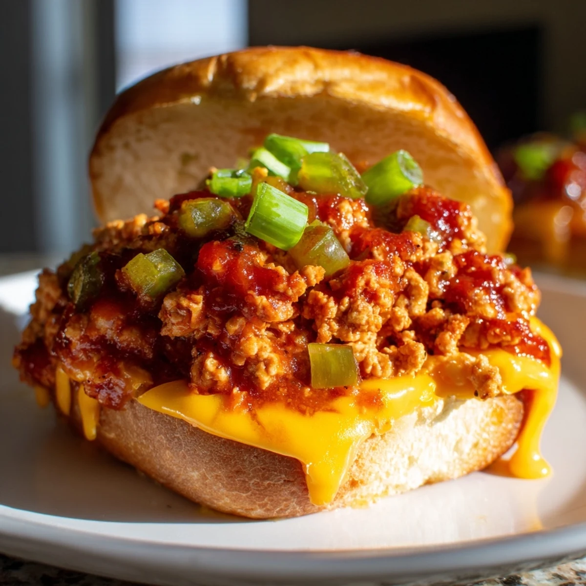 Golden Cajun chicken sloppy joes with drizzled cheese sauce and fresh green onion garnish