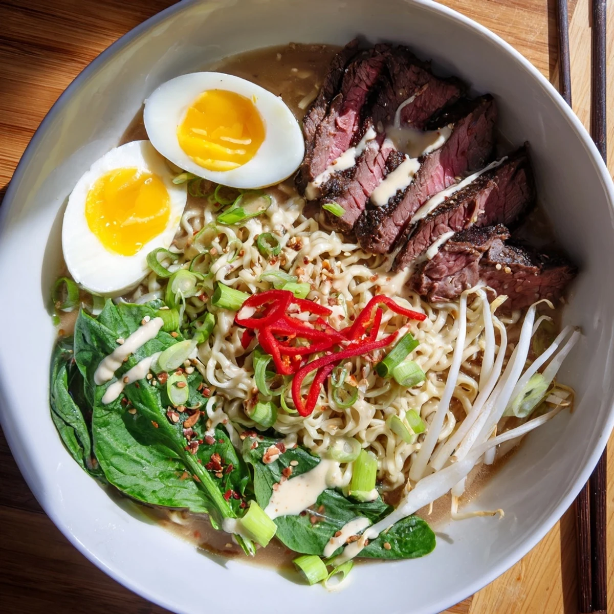 Steaming bowl of spicy beef ramen noodles topped with soft-boiled egg and fresh green onions