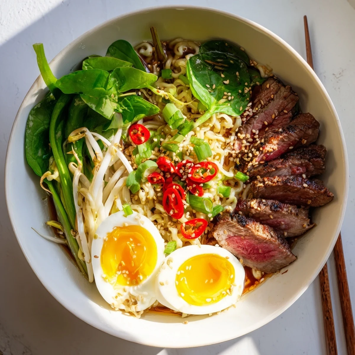 Homemade spicy beef ramen featuring bean sprouts, spinach, and savory broth with garlic cream swirl