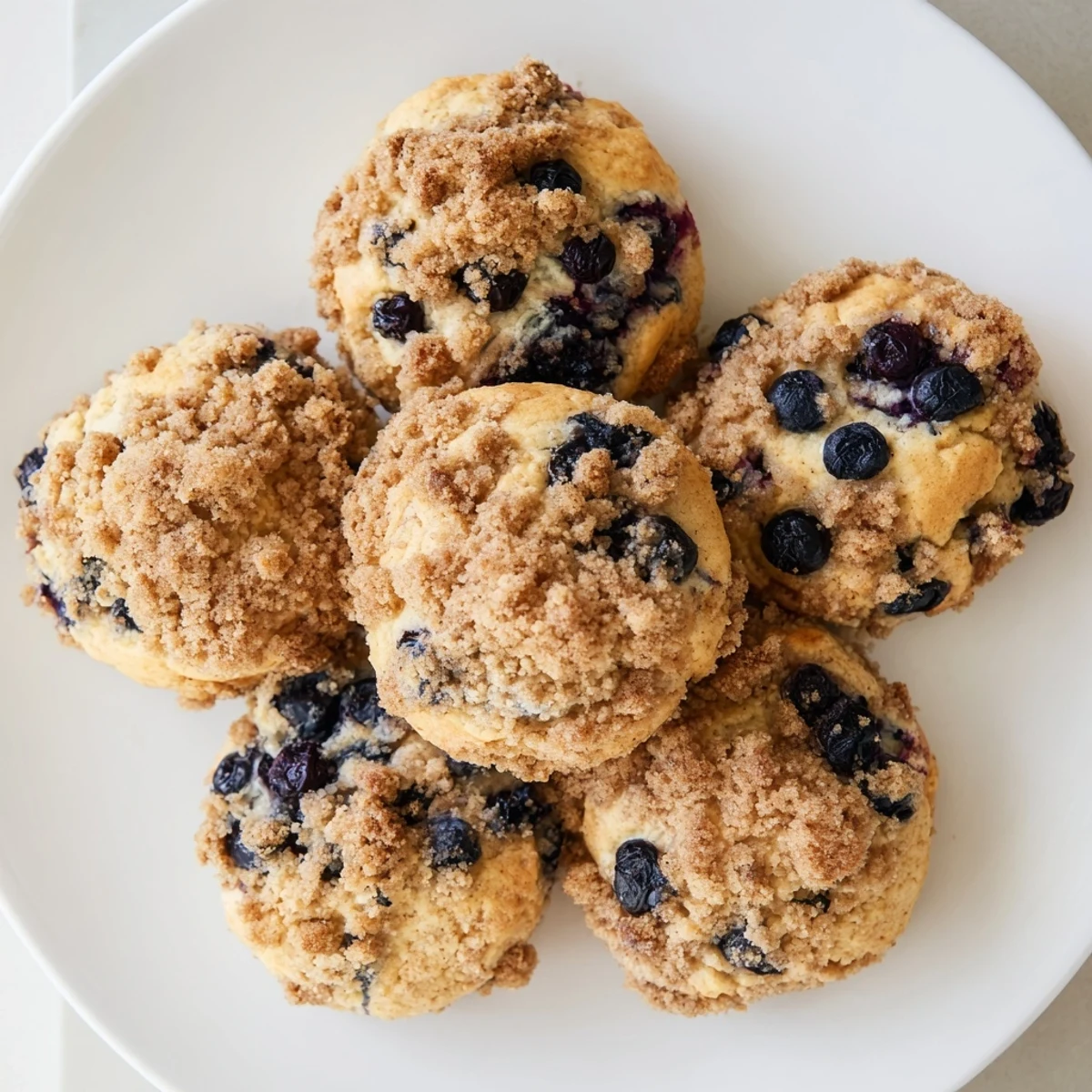 Freshly baked blueberry muffin cookies with streusel crowning served on a white plate with tea