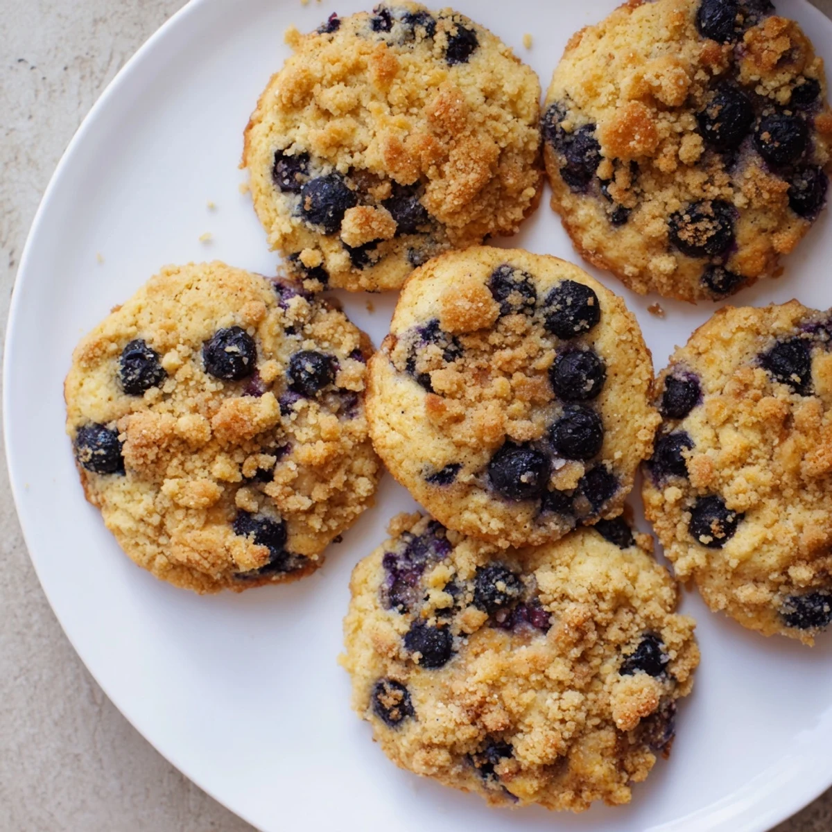 Golden blueberry muffin cookies topped with buttery cinnamon streusel on a wire cooling rack