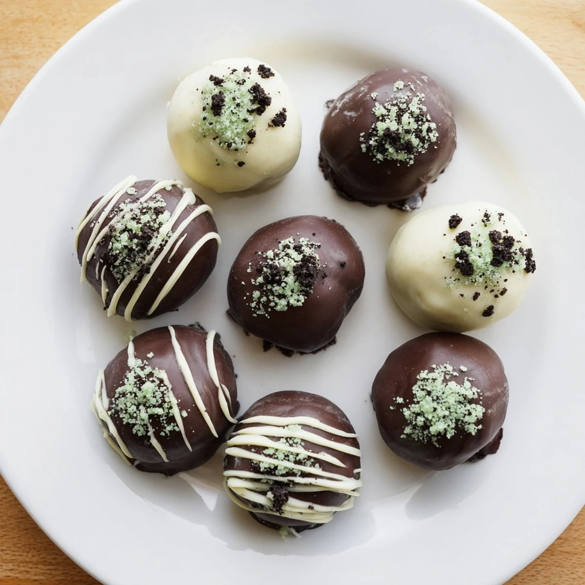 Bite-sized mint Oreo truffles coated in smooth dark chocolate with crushed cookie garnish