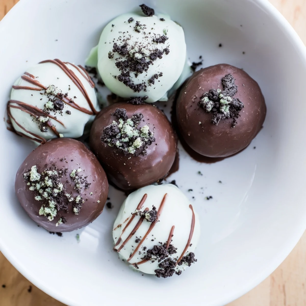 Homemade mint Oreo truffles on a white platter with white chocolate drizzle decoration