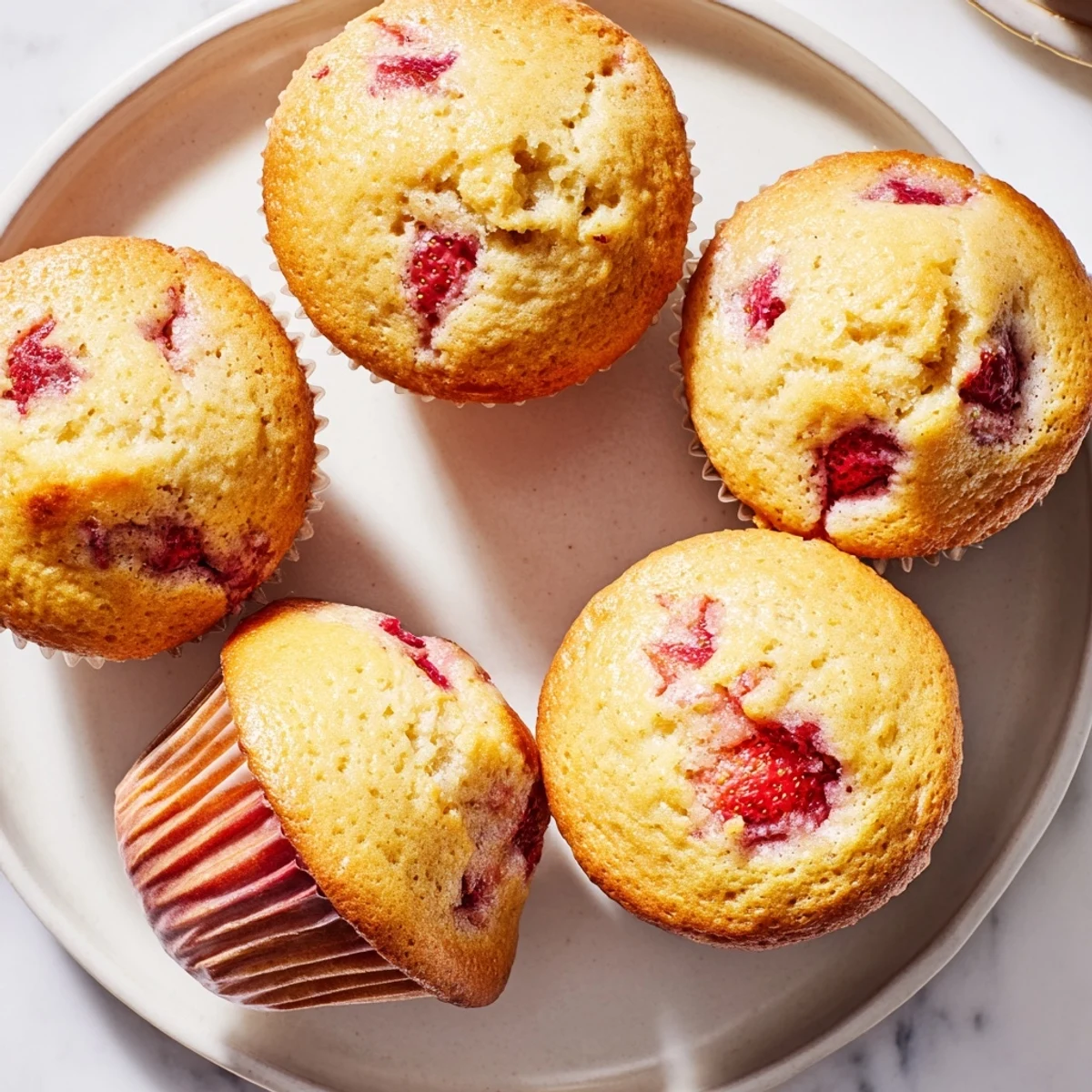 Freshly baked strawberry cream cheese muffins with golden tops and visible strawberry chunks