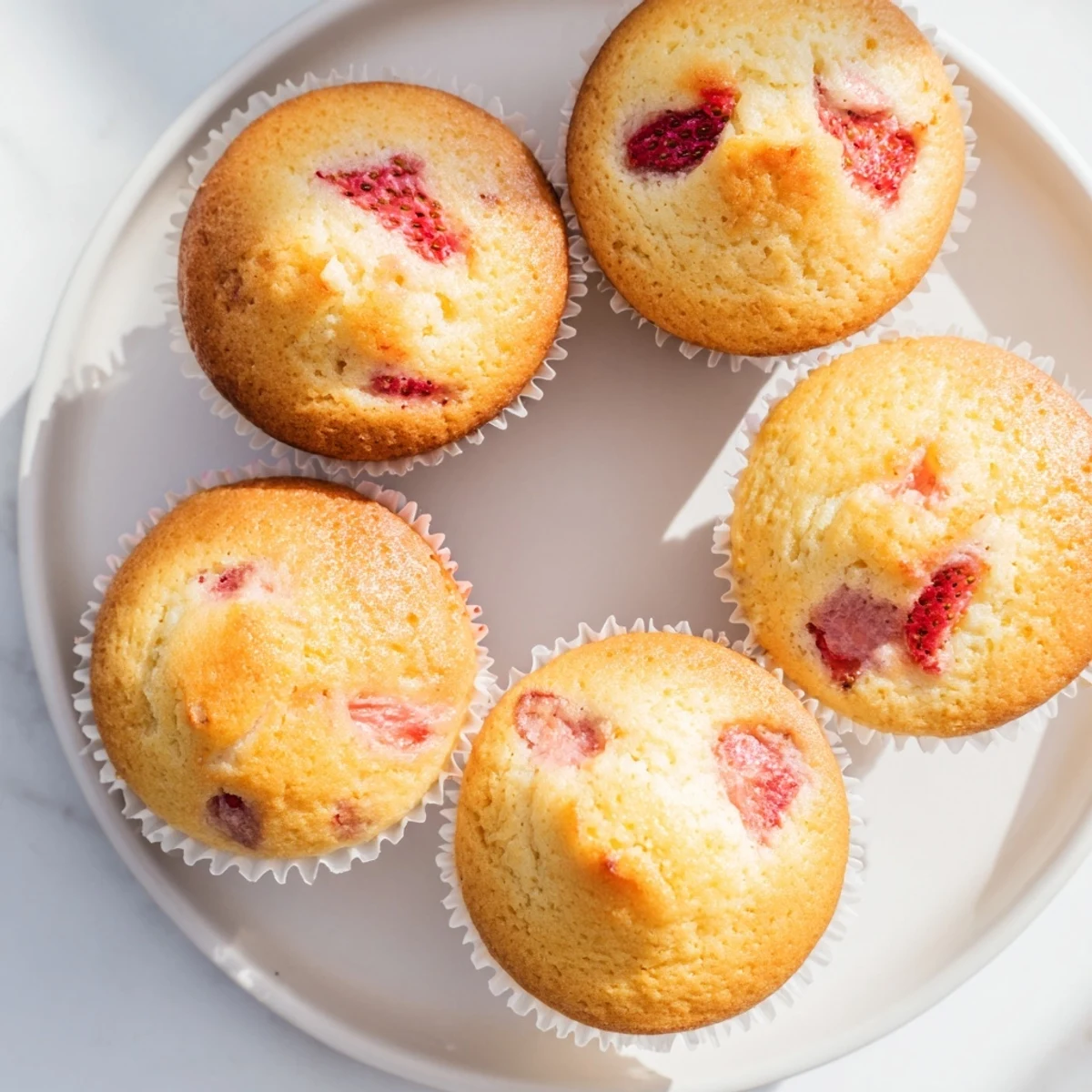 Moist strawberry cream cheese muffins sliced open to reveal creamy center and red berries