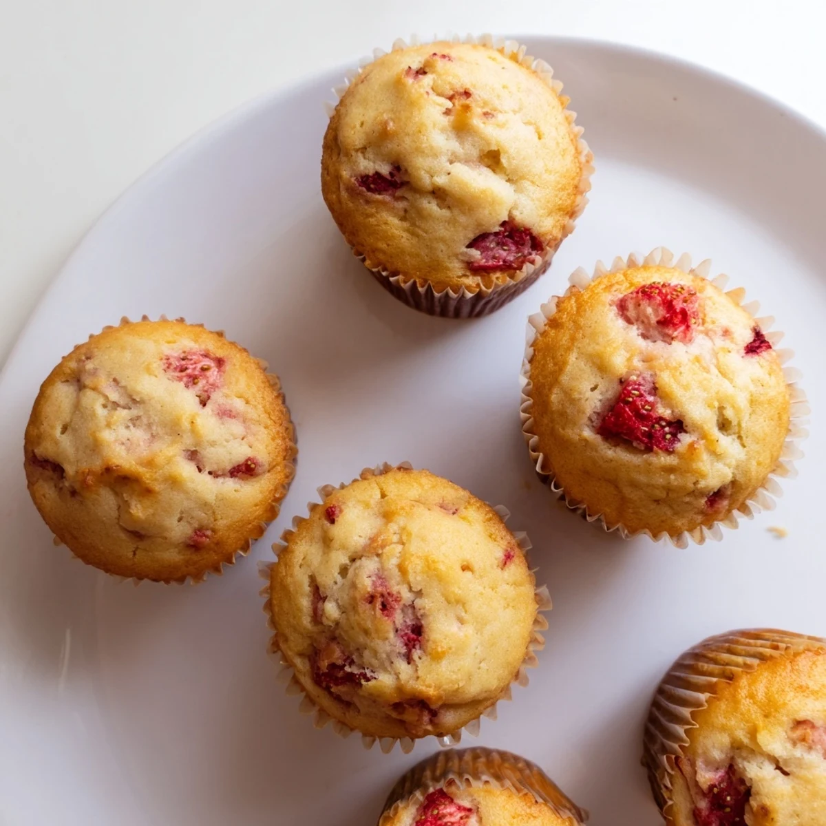 Batch of warm strawberry cream cheese muffins cooling on wire rack with juicy strawberry pieces