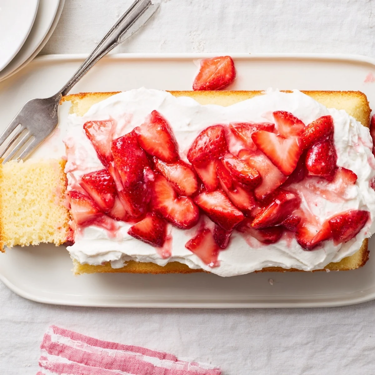 Golden strawberry shortcake sheet cake topped with fluffy whipped cream and fresh red berries