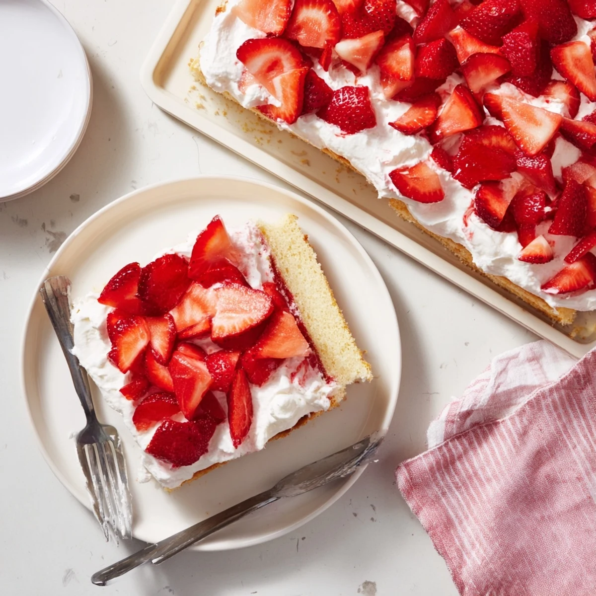 Rectangular vanilla sponge cake layered with sweet whipped cream and juicy macerated strawberries