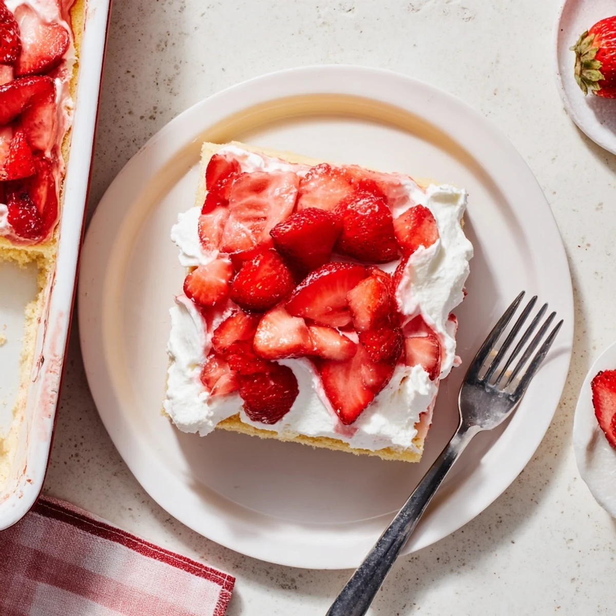 Crowd-pleasing strawberry shortcake sheet cake featuring tender cake, white cream topping, and sliced strawberries