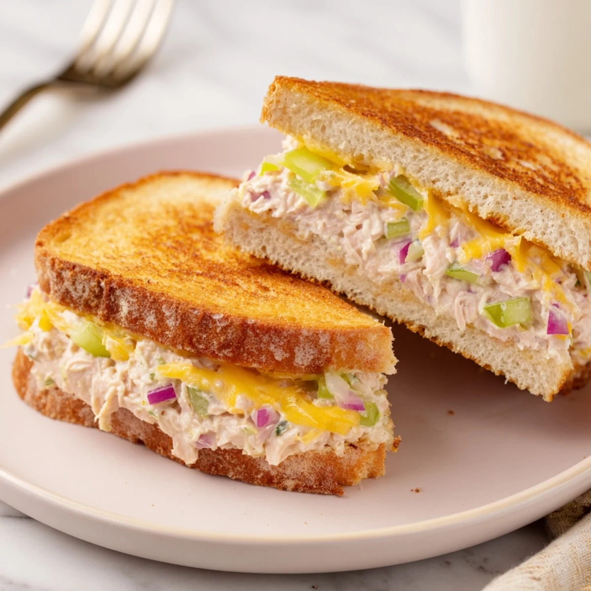 Homemade tuna melt open-faced sandwich featuring creamy tuna salad topped with melted Swiss cheese on sourdough