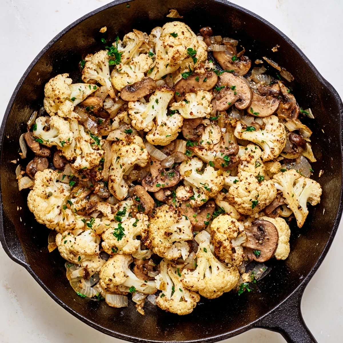 Golden-browned garlic mushrooms and cauliflower skillet sprinkled with fresh parsley in a cast iron pan