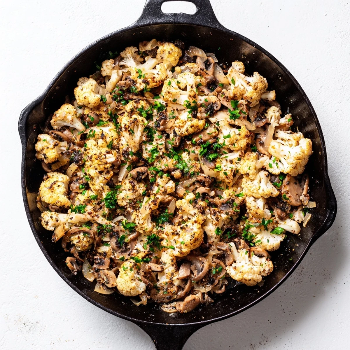 Tender garlic mushrooms and cauliflower skillet cooking with aromatic herbs in a large skillet