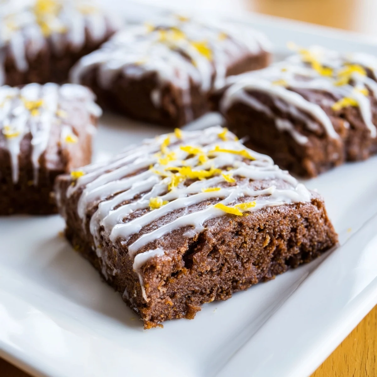 Rich fudgy lemon zest buttery brownies cooling on a wire rack with glaze