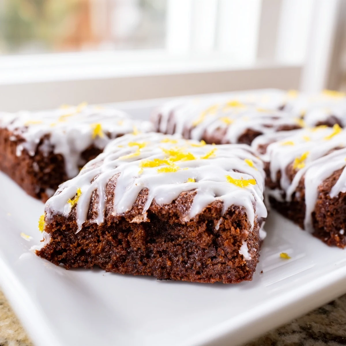 Golden lemon zest buttery brownies with tangy glaze and fresh zest sprinkled on top
