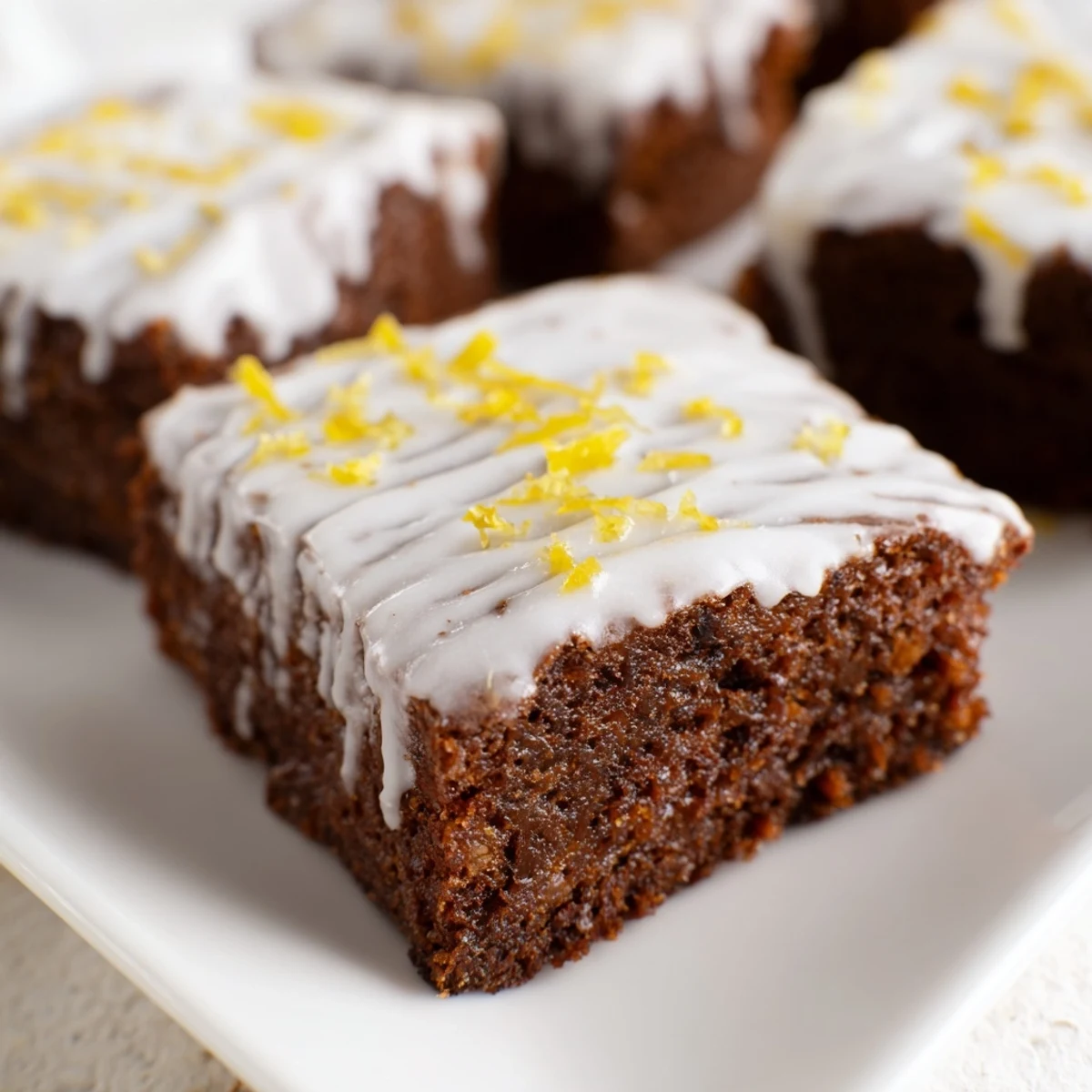 Square slice of lemon zest buttery brownies showing moist texture and bright citrus glaze