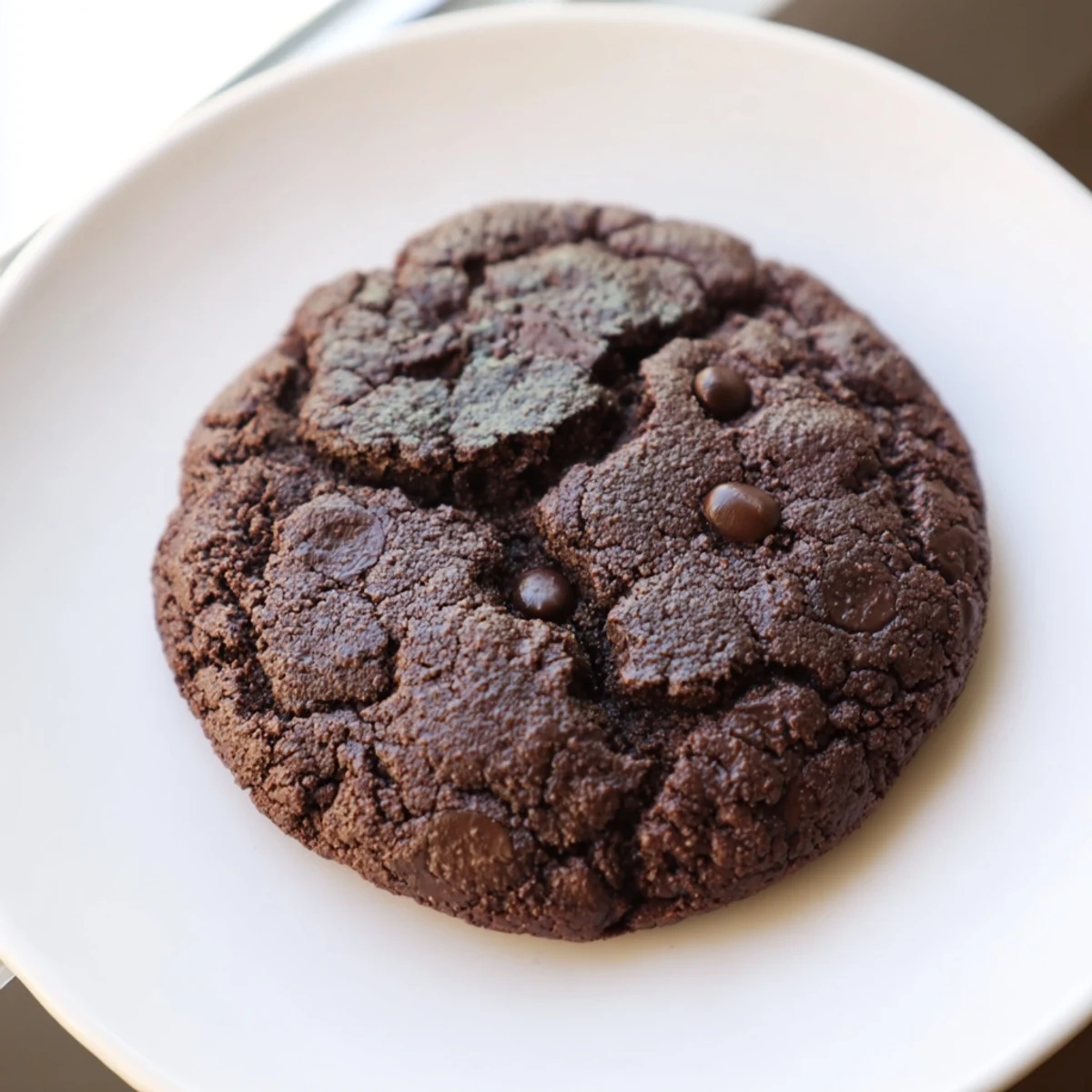 Plate of warm chocolate espresso cookies paired with a steaming cup of coffee