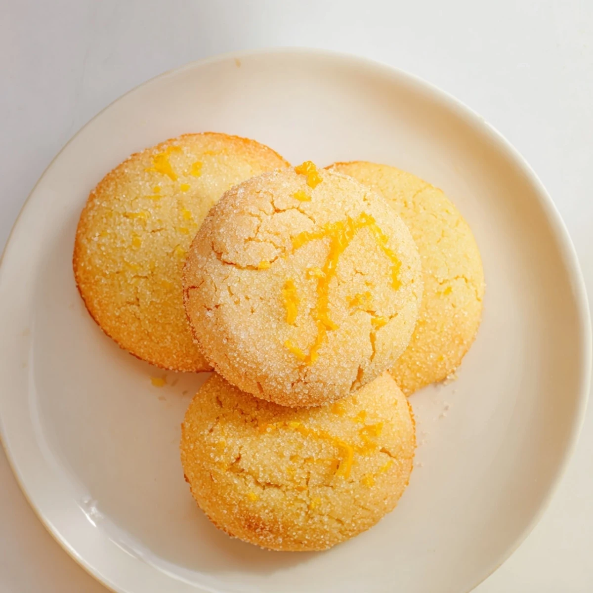 Golden orange sugar zest cookies coated in sparkling citrus sugar on a white baking sheet