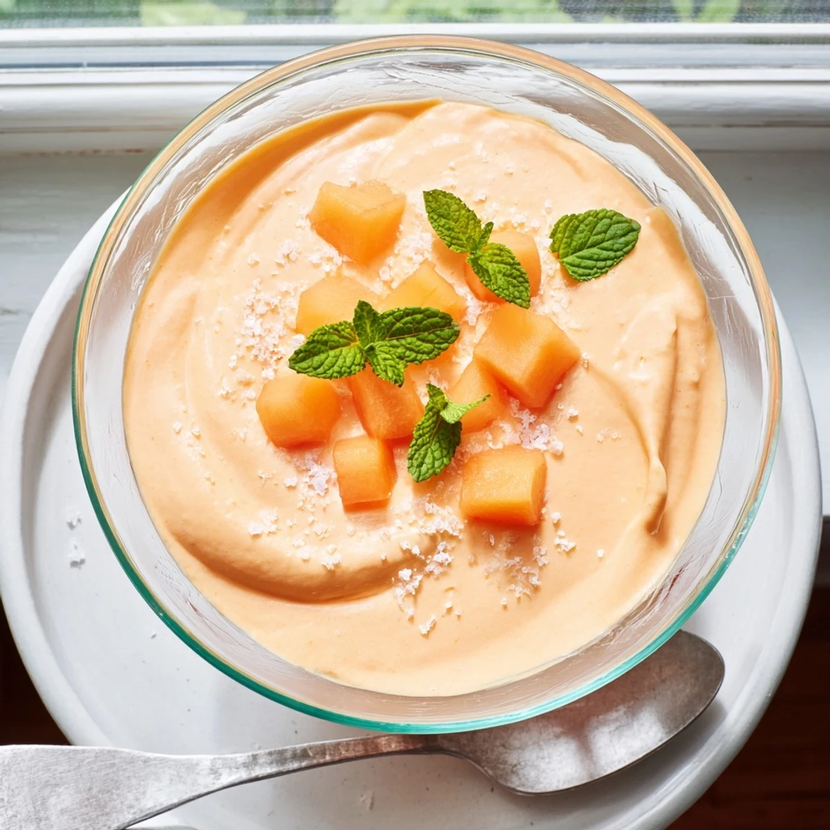 Glass bowl of smooth cantaloupe sea salt cream with sea salt finish and fresh mint