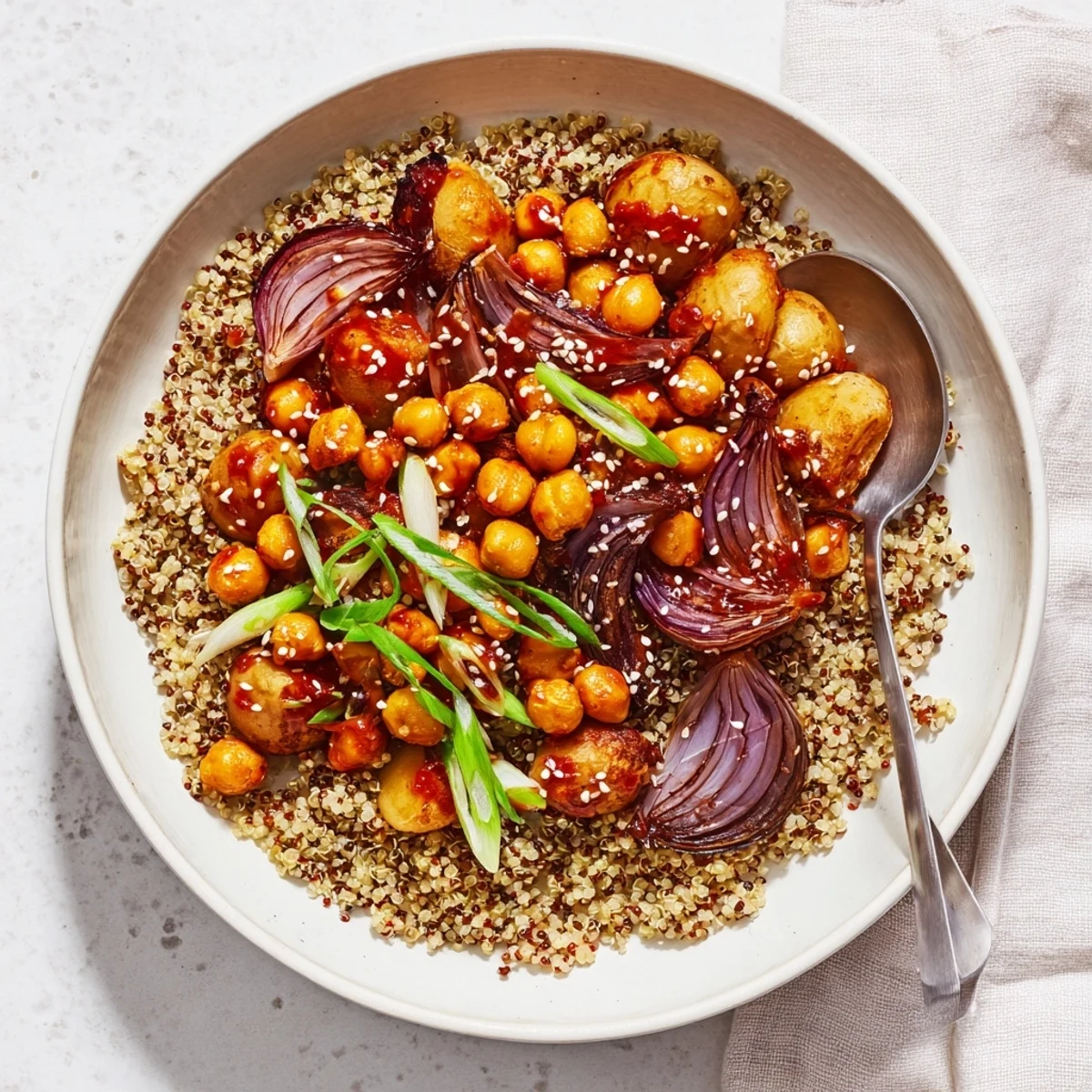 Golden roasted potatoes and chickpeas glazed in spicy gochujang sauce over fluffy white quinoa in a bowl