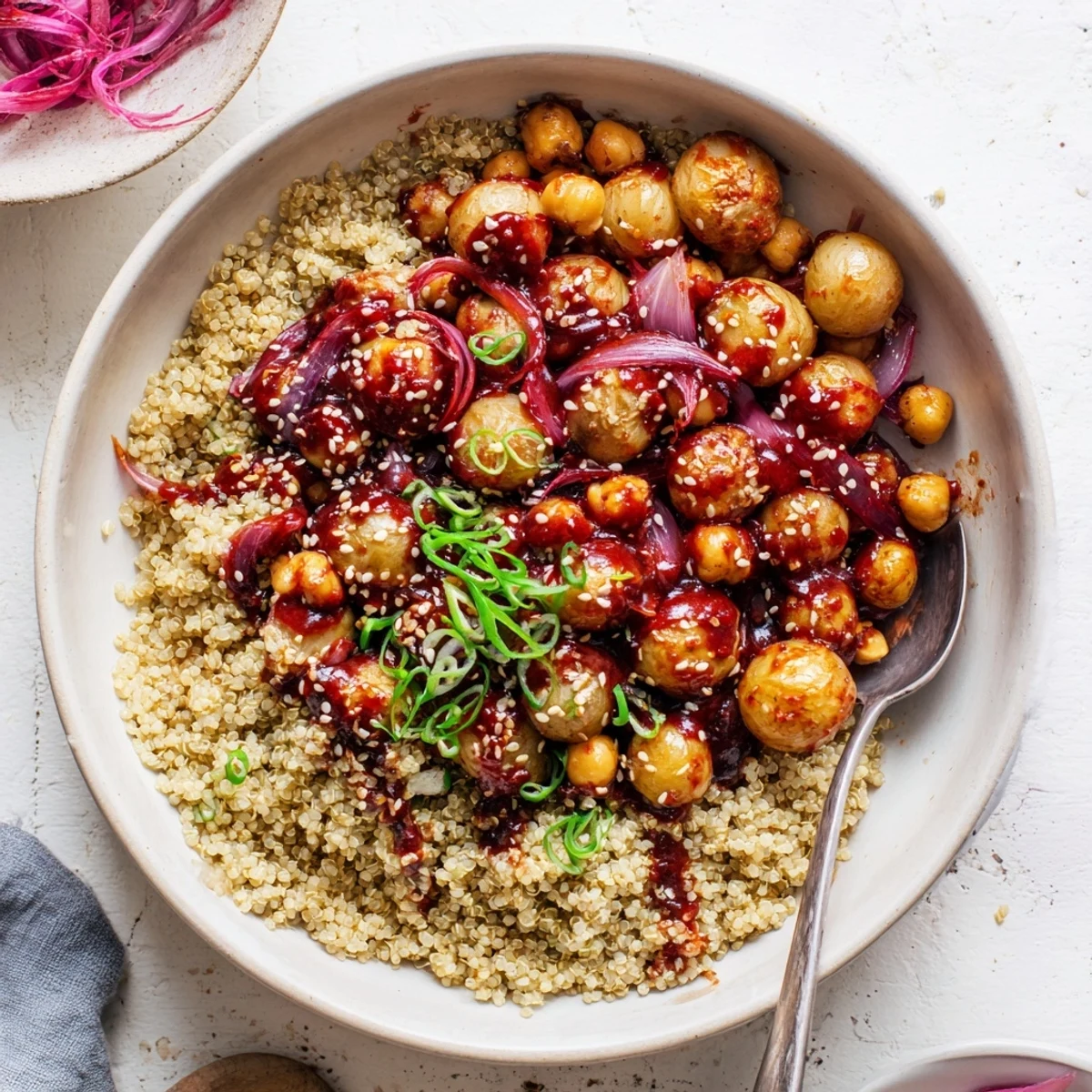 Hearty Korean-inspired quinoa bowl featuring crispy roasted potatoes tossed with spicy red gochujang sauce and chickpeas