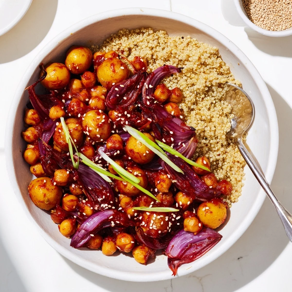 Vegan gochujang potatoes chickpeas quinoa bowl topped with sesame seeds and fresh green onion slices